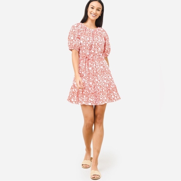 Oliphant Short Crew Mini Dress Women’s‎ Size XS Puff Sleeve Floral Orange White - Picture 2 of 11